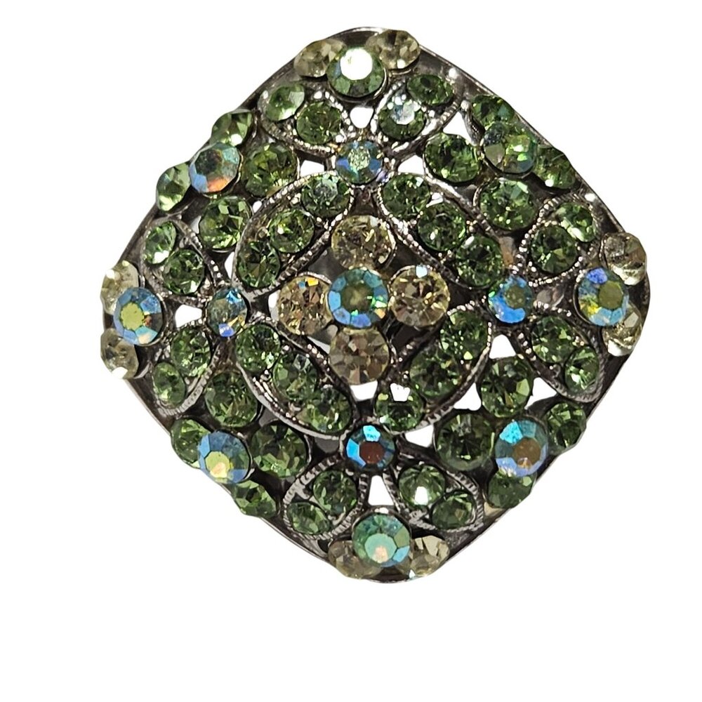 Vintage Rhinestone Square Cocktail Ring Size 7.5 Green Blue Stones Silver Tone